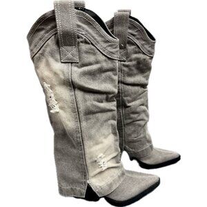 Reitoye Womens Western Cowboy Denim Knee High Boots Chunky Mid Heel Boot 5.5 NIB